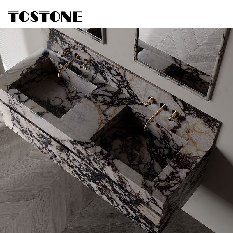 Tostone Khuyến mãi lớn Bộ tủ chậu rửa mặt đá cẩm thạch Calacatta Viola Sang trọng cho trang trí nội thất phòng tắm hiện đại tại nhà ở, biệt thự, khách sạn