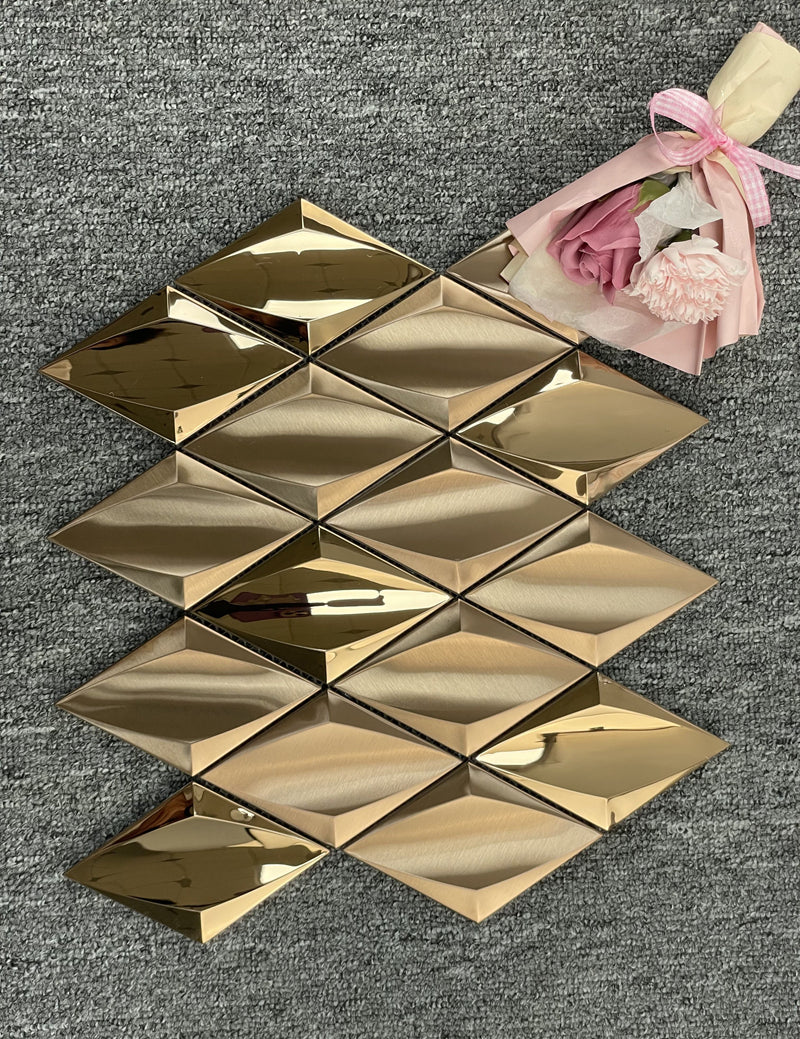 Gạch Mosaic Kim Loại Vàng Hồng Kim Cương Lõm Họa Tiết Vuông, Dùng Cho Tường Nền Trang Trí KTV, Quán Bar, Khách Sạn