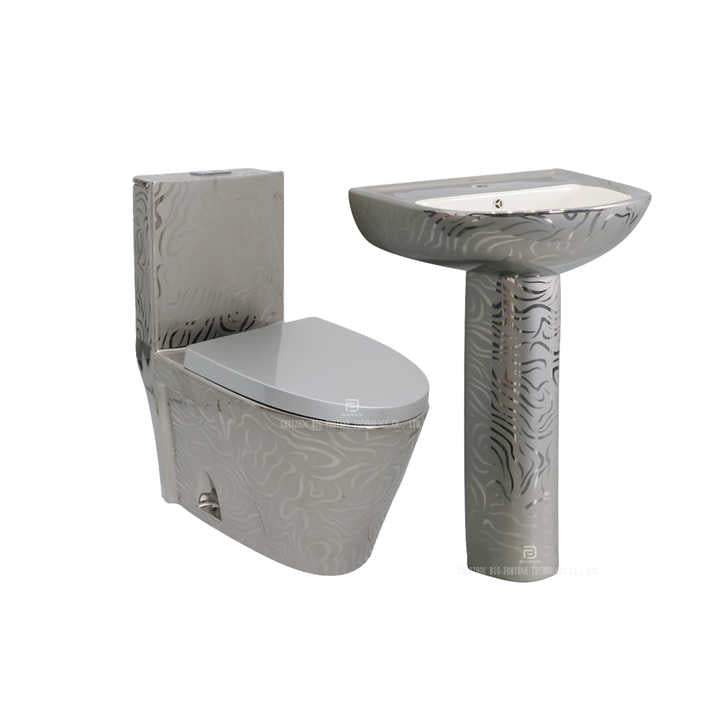 Bộ đồ vệ sinh khách sạn WC bằng sứ, bồn cầu liền khối và chậu rửa mặt, bồn cầu đặt chân cao cấp màu bạc