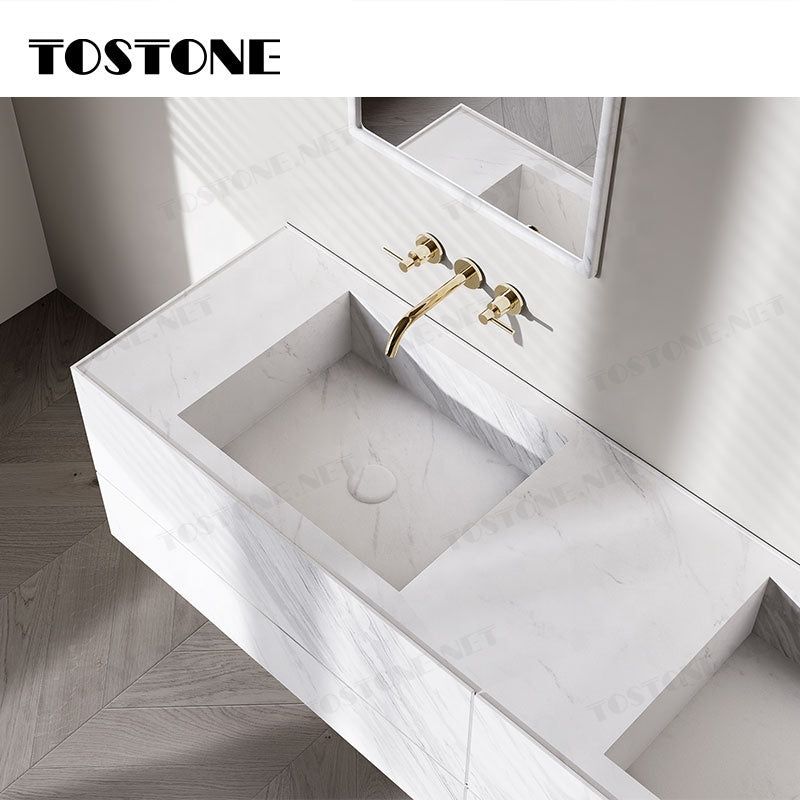 Tostone Tủ lavabo cổ điển, hoàn thiện mờ tự nhiên, đá trắng Volaksas sang trọng