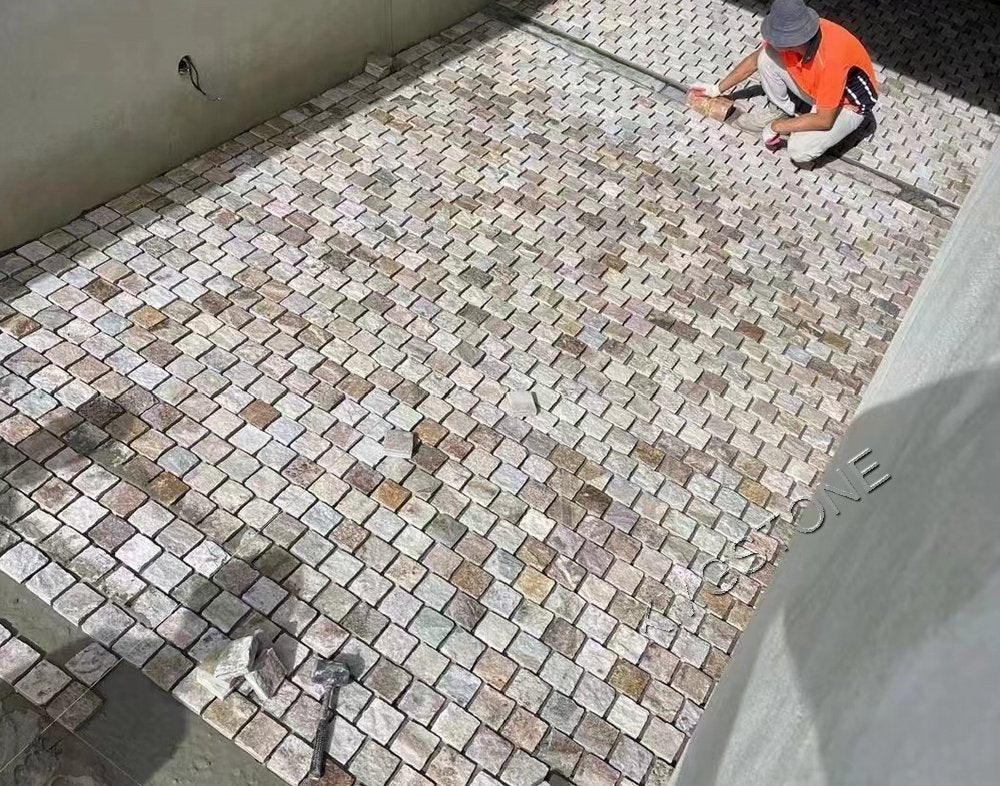 Đá Phiến Chẻ Tự Nhiên Dạng Lưới Lát Sân Kiểu Đá Cuội, Hỗn Hợp Cổ Điển Màu Cà Phê Dùng Ngoài Trời