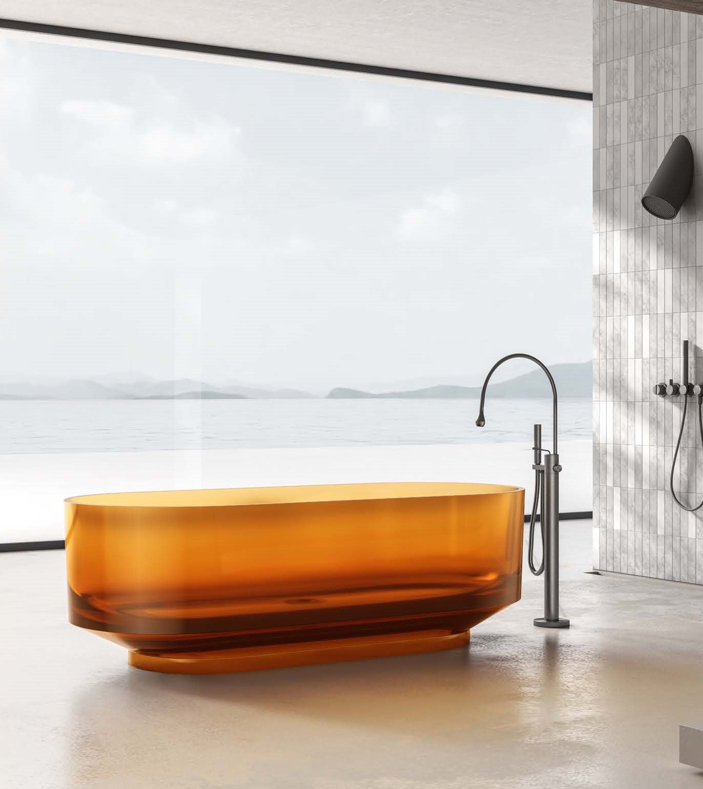 Bồn tắm ngâm bằng nhựa epoxy trong suốt màu nâu, thiết kế trang trí hiện đại đẹp mắt