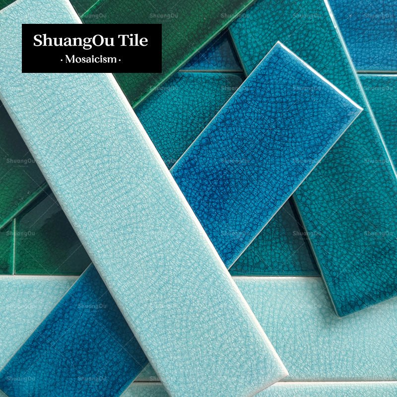 Gạch Mosaic Gốm Sứ Rạn Băng Dạng Thanh Dài Ốp Tường Bếp Phòng Tắm Cung Cấp Từ Nhà Máy
