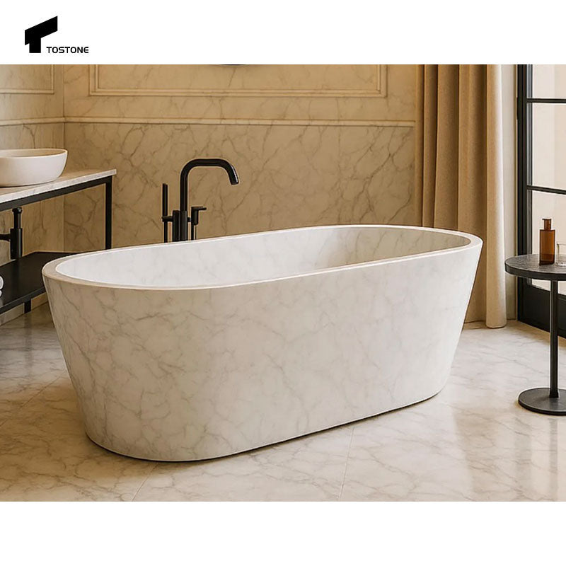 Nhà máy Tostone Bán sỉ Nội thất phòng tắm Bồn tắm đá tự nhiên hình bầu dục trắng Carrara cho trang trí phòng tắm biệt thự nhà sang trọng