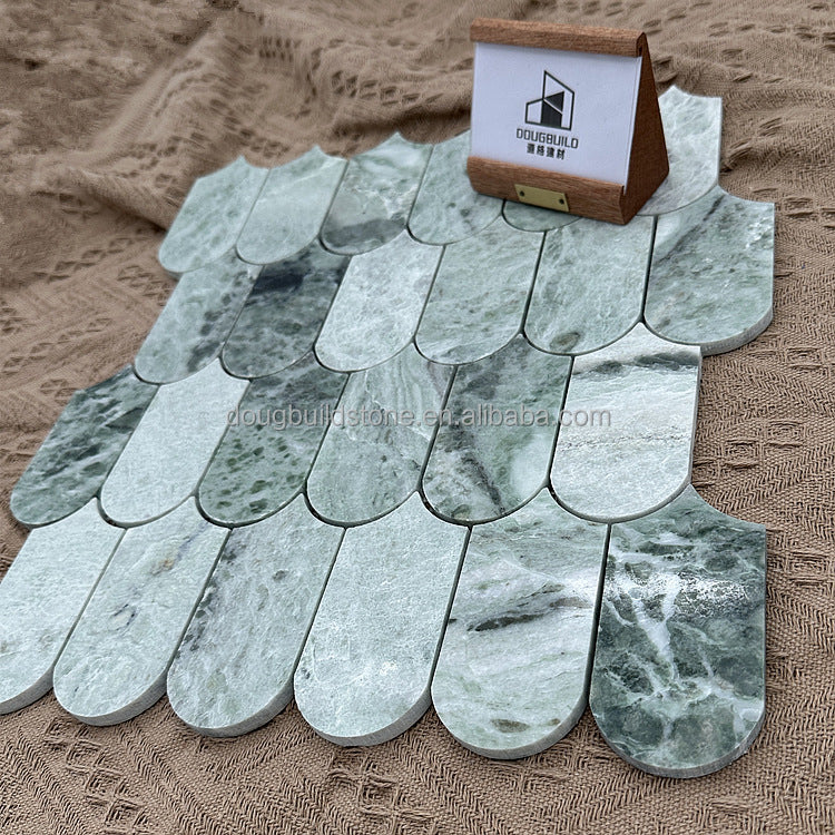 Nhà Sản Xuất Trung Quốc Dougbuild Gạch Mosaic Đá Cẩm Thạch Tự Nhiên Xanh Lá Họa Tiết Vảy Cá Cắt Tia Nước Trang Trí Nội Thất Không Gian Sang Trọng