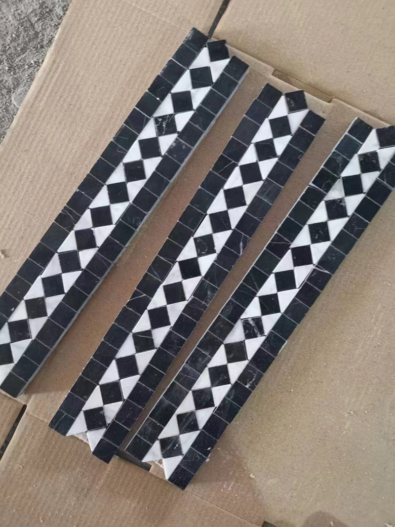 Mosaic Đá Ô Lưới Đen Trắng, Đường Viền Chân Tường, Sàn và Đường Ngang Eo