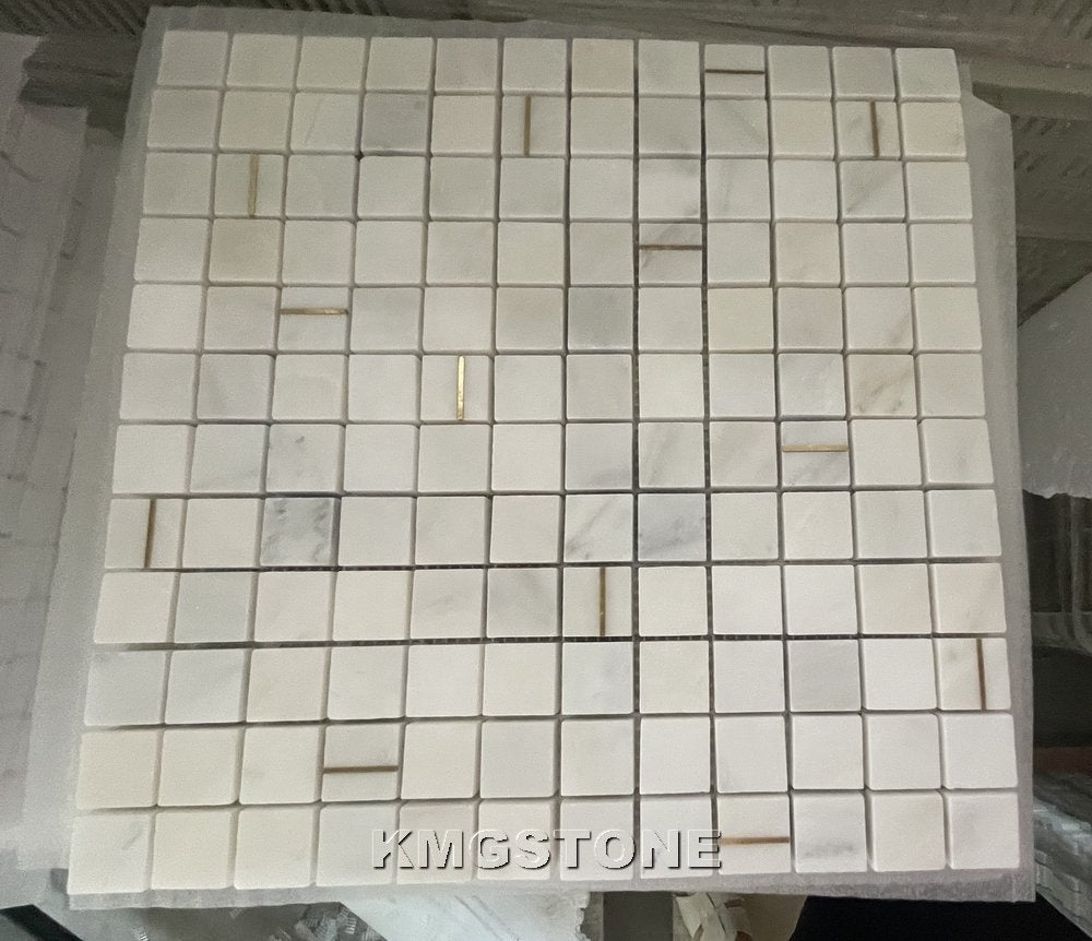Gạch Mosaic Đá Cẩm Thạch Trắng Pha Lê Khắc Nước Với Khảm Đồng, Trang Trí Đá Thanh Lịch