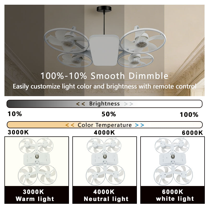 Quạt trần đèn LED hiện đại, điều khiển từ xa, điều chỉnh 3 tốc độ, 4 cánh, kiểu drone, gắn vít, bố cục Agi32