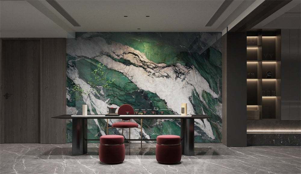 Tấm Đá Nung Kết Sứ Tráng Men Bóng Vân Đá Cẩm Thạch Xanh Patagonia Ốp Tường