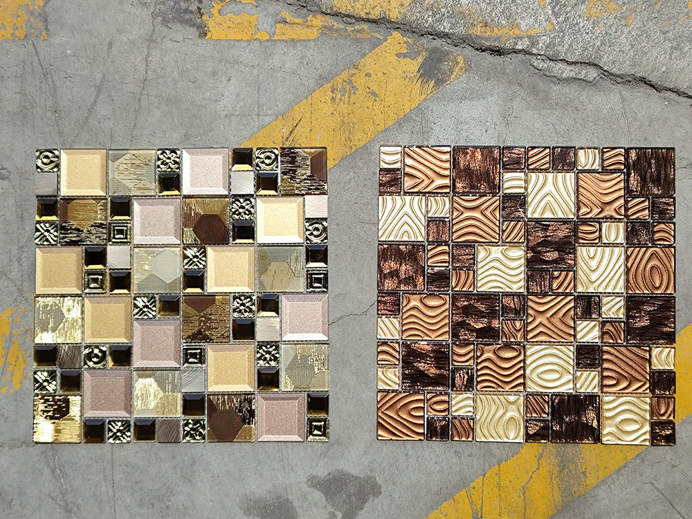 Gạch ốp tường mosaic kính dán an toàn màu be nâu vân gỗ giả hiện đại