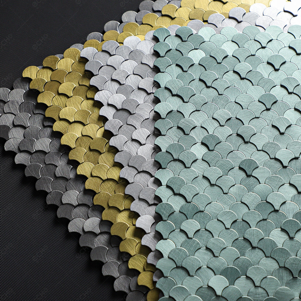 Tấm ốp bếp Gạch Mosaic Kim loại nhôm Tự dính Vảy cá Mini 3D Chiều cao Đa dạng Xám nhạt