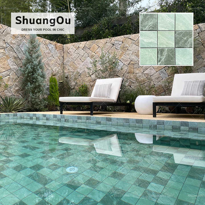 Nhà máy cung cấp Gạch mosaic hồ bơi xanh lá cây cho phòng tắm khách sạn, chống trượt, cảnh quan, nội thất hồ bơi, gạch mosaic sứ cho hồ bơi spa