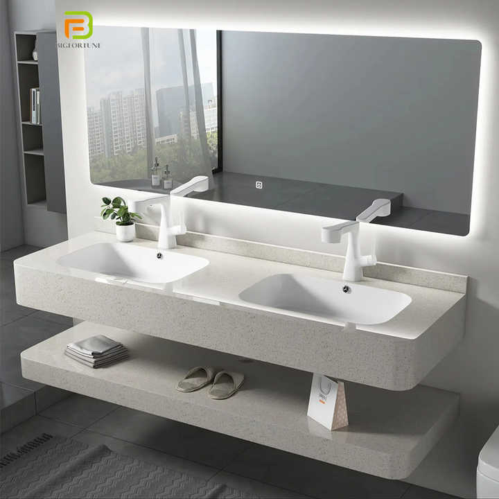 Tủ lavabo đá phiến treo tường hiện đại, mặt bàn lavabo rắn nổi, tủ lavabo đôi cho khách sạn