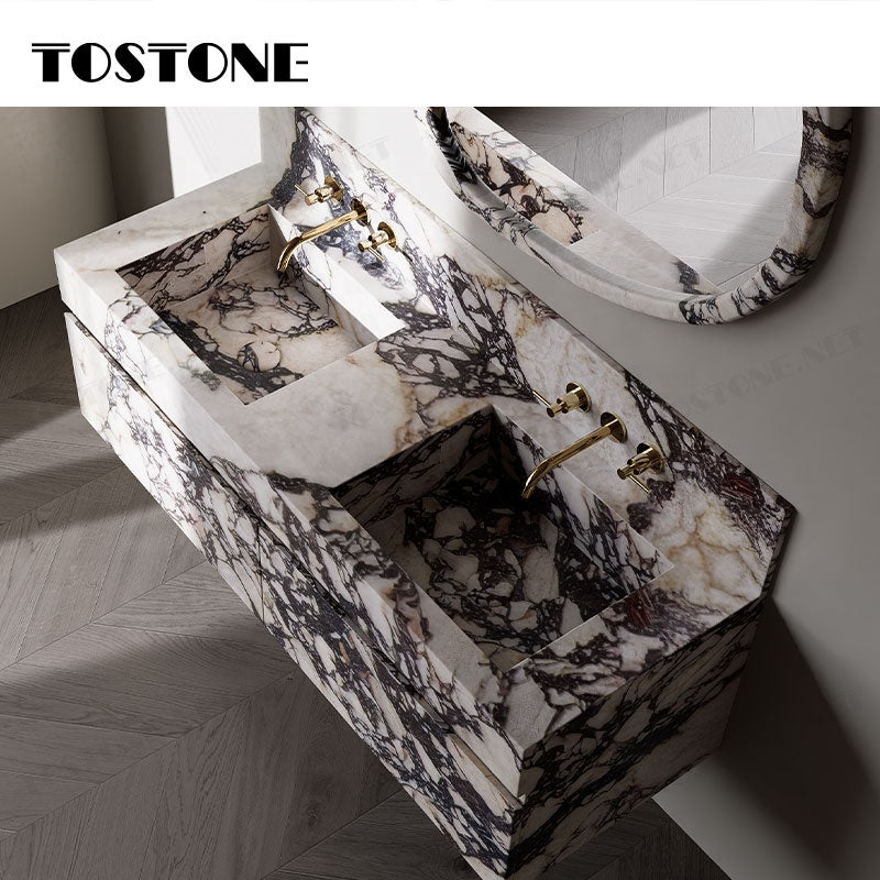 Tostone Mặt bàn lavabo phòng tắm gắn tường bằng cẩm thạch Calacatta Viola tự nhiên sang trọng, nội thất tùy chỉnh dành cho phòng vệ sinh