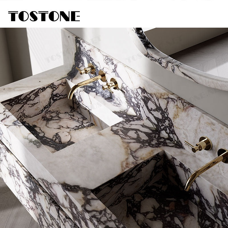 Tostone Mặt bàn chậu rửa phòng tắm gắn tường bằng đá cẩm thạch Calacatta Viola tự nhiên đẹp dành cho nội thất tùy chỉnh phòng vệ sinh nhỏ
