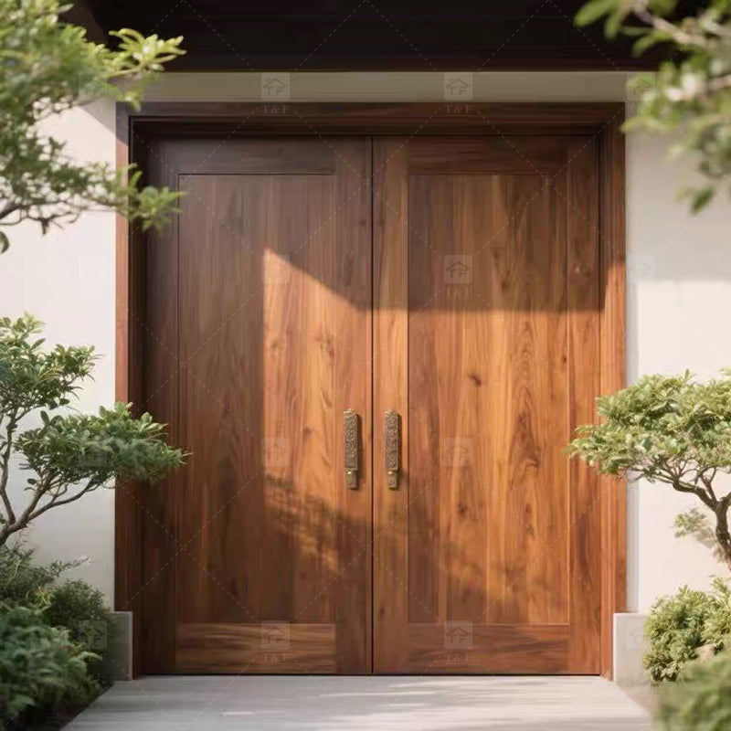 Cửa ra vào chính gỗ cánh đôi thiết kế hiện đại, an ninh ngoài biệt thự, chống thấm nước, bề mặt hoàn thiện.