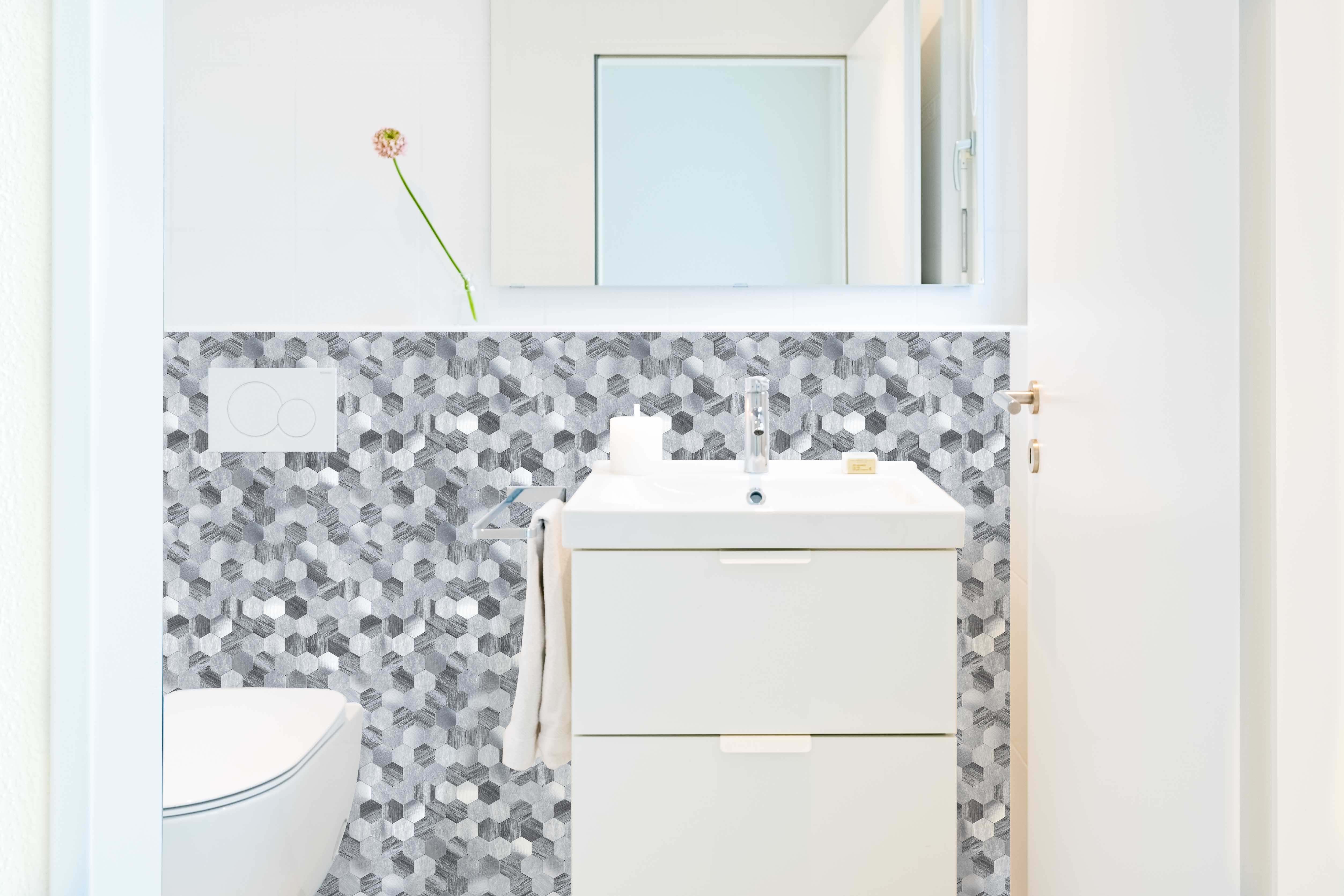 Gạch Mosaic Bóc dán Lục giác Nhôm vân gỗ Xám pha Bạc ốp tường bếp