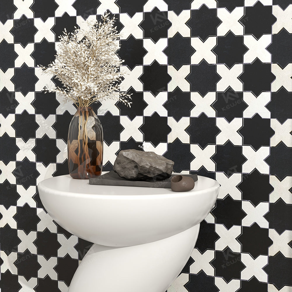 Gạch Mosaic Gốm Sứ Bếp Đen Trắng Hình Dạng Bất Quy Tắc Thiết Kế Foshan Dùng Để Trang Trí Nhà Cửa