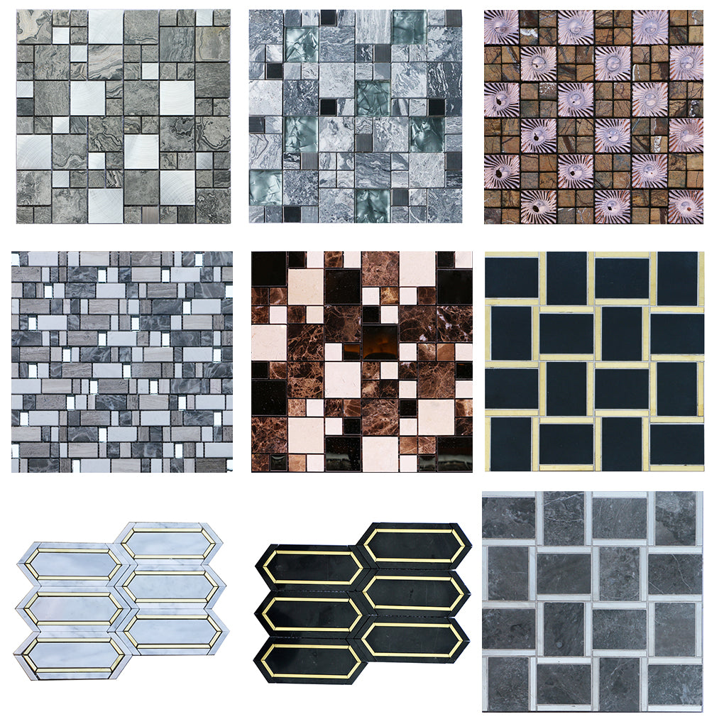 Gạch Mosaic Hỗn Hợp Kính, Đá Cẩm Thạch, Kim Loại Mảnh Nhỏ Lớn Phong Cách Hiện Đại