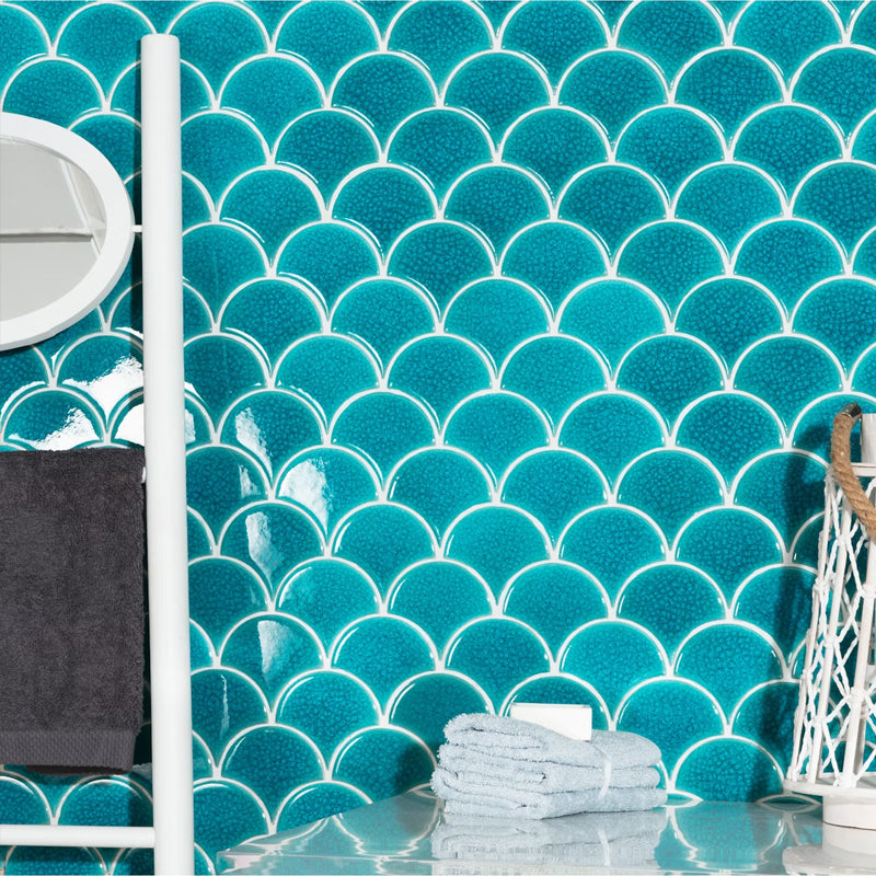 Gạch Mosaic Gốm Sứ Men Rạn Băng Hình Quạt Họa Tiết Vảy Cá Xanh Dương Ốp Tường Phòng Tắm Spa Hồ Bơi