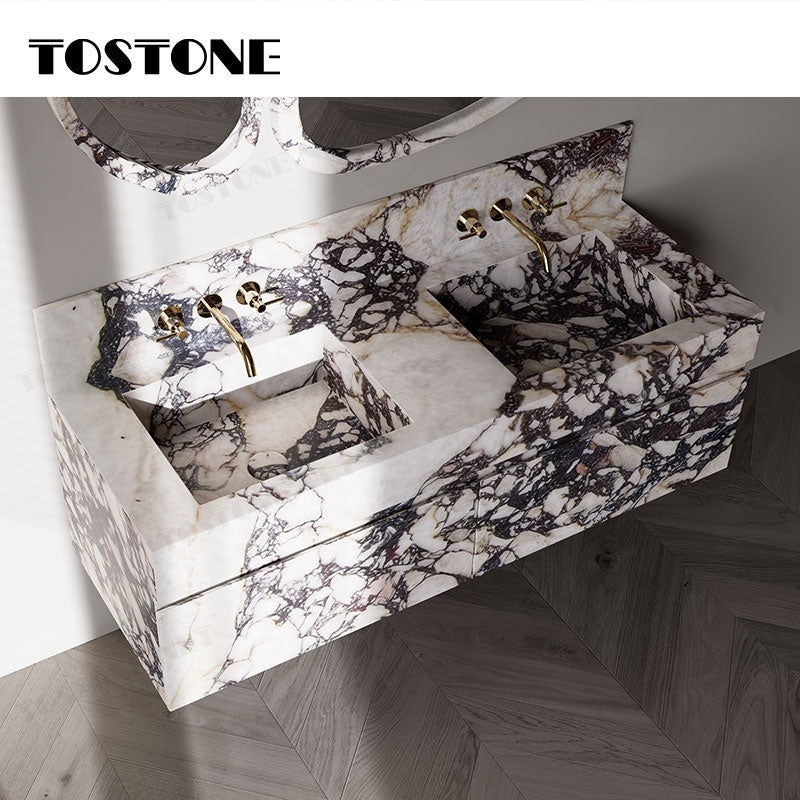 Tostone Mặt bàn lavabo phòng tắm gắn tường bằng cẩm thạch Calacatta Viola tự nhiên sang trọng, nội thất tùy chỉnh dành cho phòng vệ sinh