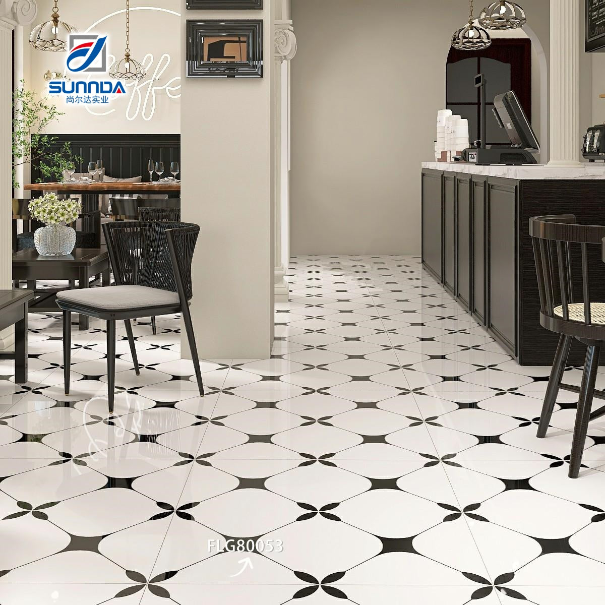 Gạch Lát Sàn Sứ Trang Trí Nhà Cửa Trắng Đen Họa Tiết Hoa Tráng Men Bóng Mờ