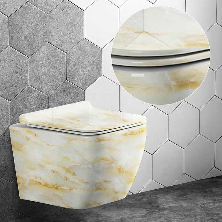 bồn cầu treo tường bằng sứ không có bể chứa ptrap, bồn cầu vệ sinh có hoa văn đá cẩm thạch