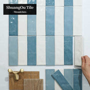 Gạch ốp tường bếp phòng tắm khách sạn phong cách Bắc Âu gạch mosaic cà phê nhà hàng dải dài gạch mosaic màu xanh tráng men