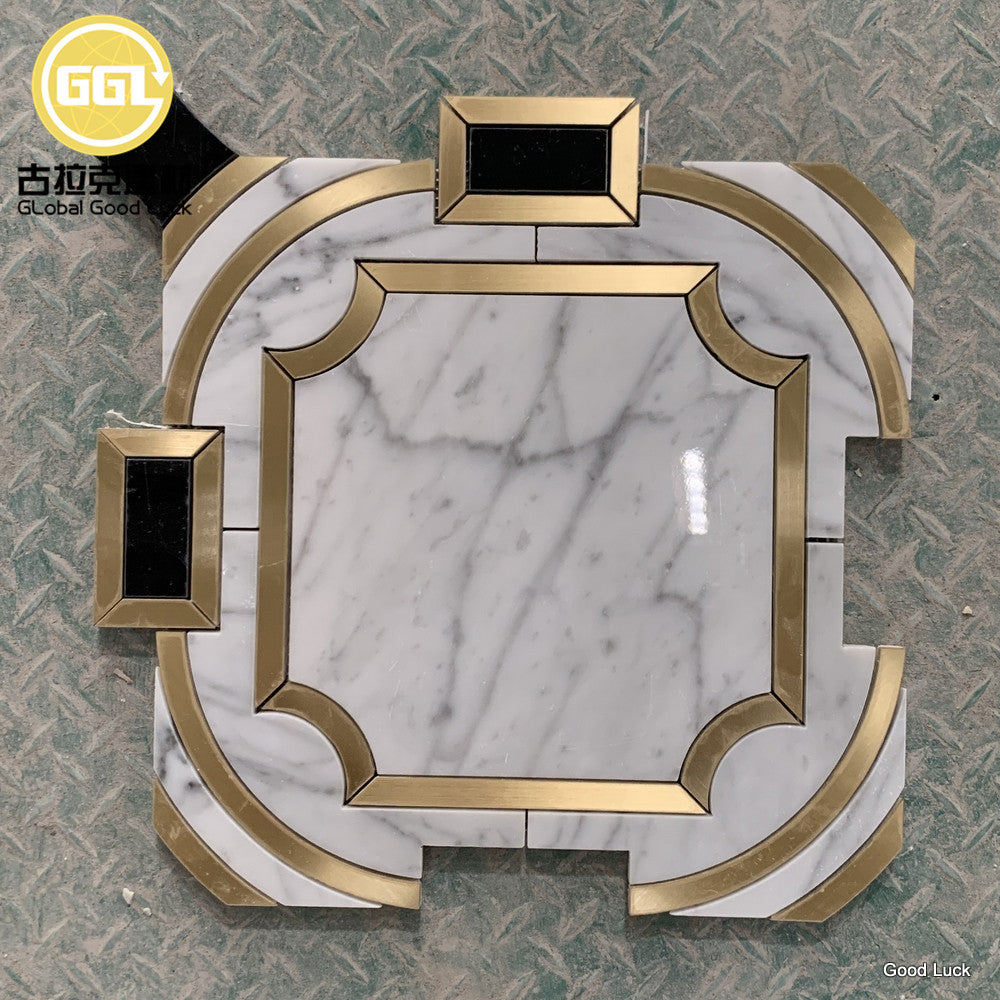 Gạch Mosaic Đá Cẩm Thạch Trắng Calacatta Pha Chỉ Đồng Thiết Kế Hiện Đại
