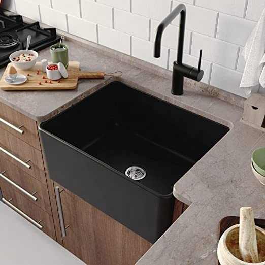 Bồn rửa bằng đất sét nung 24&quot;LX 18&quot;W có lưới đáy và bộ lọc, bồn rửa đơn Apron, bồn rửa nhà bếp nhỏ màu đen