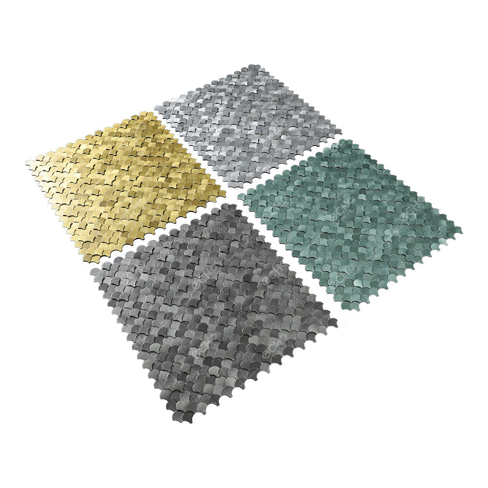 Tấm ốp bếp Gạch Mosaic Kim loại nhôm Tự dính Vảy cá Mini 3D Chiều cao Đa dạng Xám nhạt