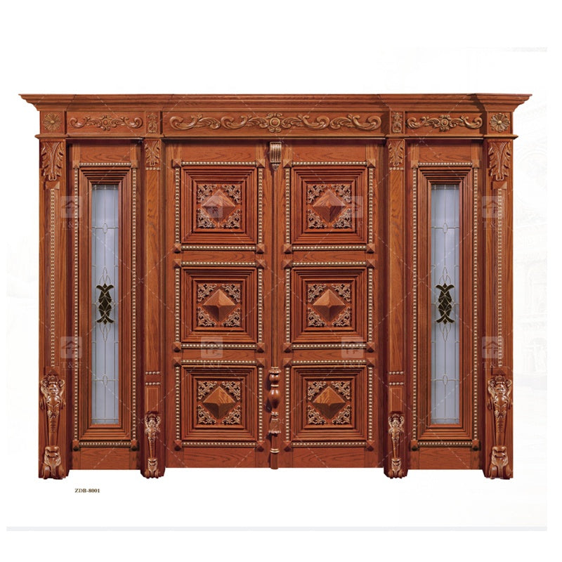 Cửa chính đôi gỗ hiện đại chạm khắc gỗ nguyên khối, chống thấm nước, dùng cho ngoại thất đã hoàn thiện.