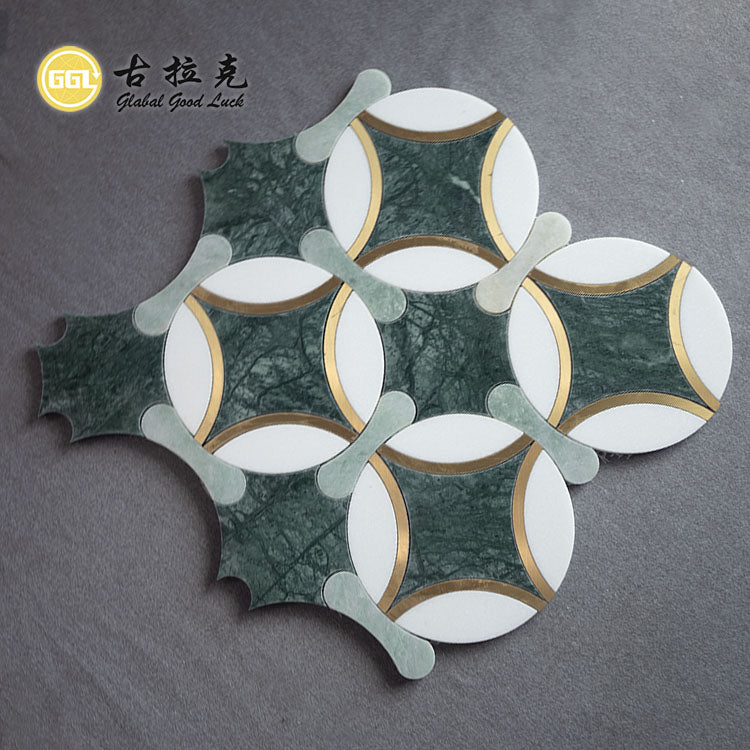 Gạch Mosaic Cắt Tia Nước Đá Cẩm Thạch Thassos Trắng Và Verde Affai Kết Hợp Đồng Thau Dùng Cho Trang Trí Nội Thất