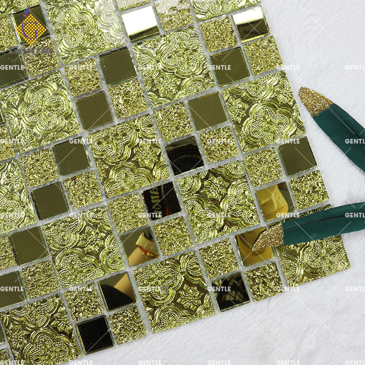 Tấm Dán Gạch Mosaic Gương Vàng Thủy Tinh Ốp Tường Phòng Khách