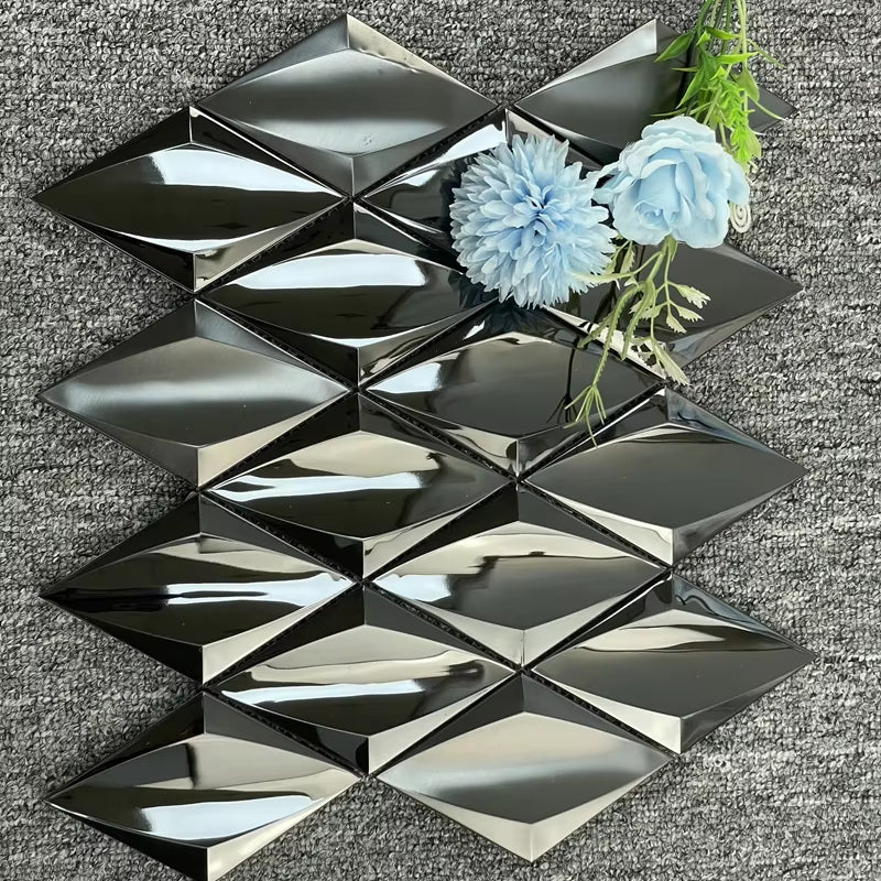 Trang trí tường nền nội thất KTV họa tiết vuông mosaic kim loại lõm kim cương đen hiện đại, tạo kiểu tường phong cách vân gỗ