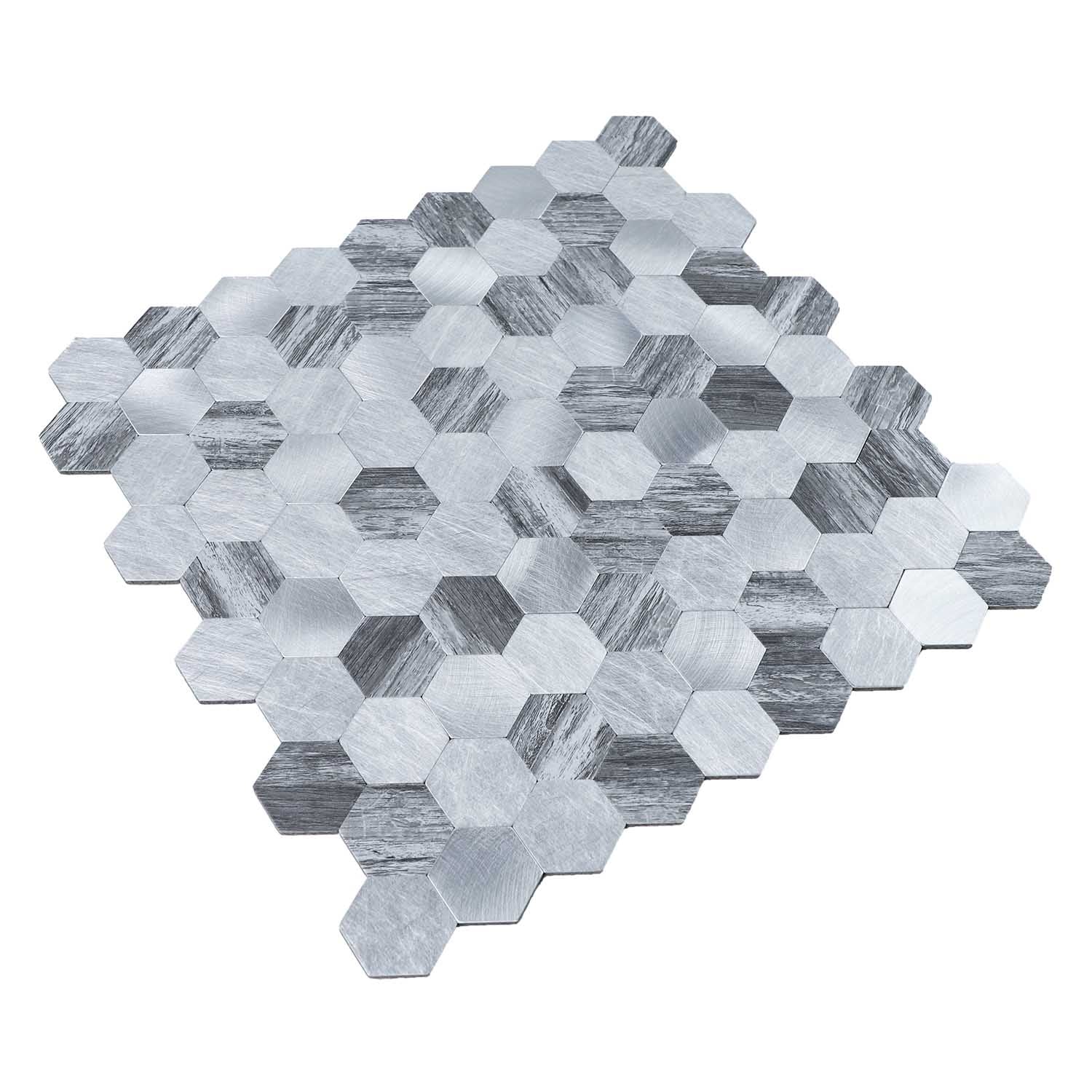 Gạch Mosaic Bóc dán Lục giác Nhôm vân gỗ Xám pha Bạc ốp tường bếp