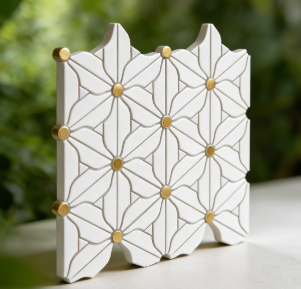 Gạch mosaic kim loại và đá cẩm thạch hình hoa 3D, họa tiết hiện đại, sang trọng, thân thiện môi trường