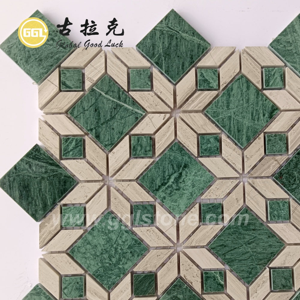Gạch mosaic đá hoa văn cắt tia nước phối cẩm thạch xanh và vân gỗ