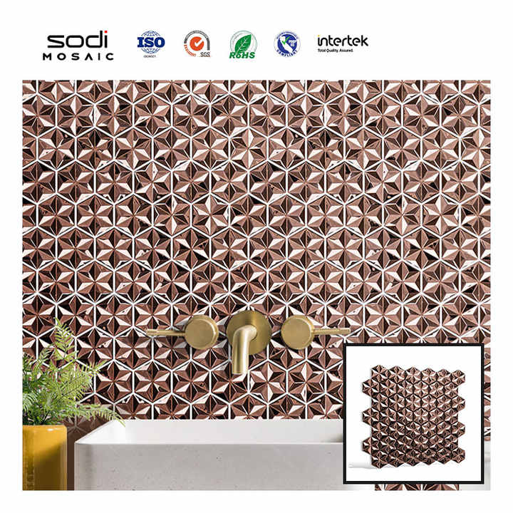 Gạch ốp tường bếp hình lục giác bằng thép không gỉ bóng 3D hình bắt đầu màu vàng hồng bạc tím