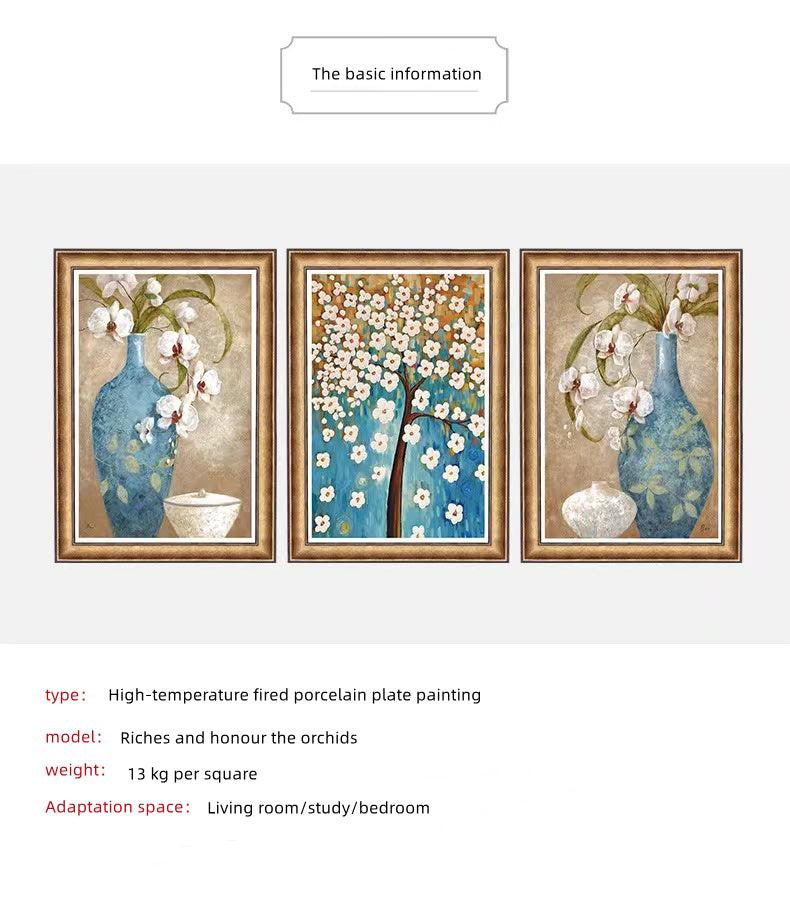 E WECIAL Bức bích họa gạch sứ nung hoa lan trang trí treo tường phong cách đĩa sứ châu Âu cho phòng khách