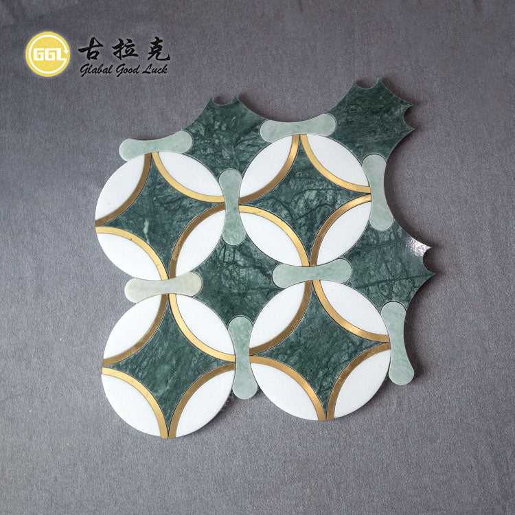 Gạch Mosaic Cắt Tia Nước Đá Cẩm Thạch Thassos Trắng Và Verde Affai Kết Hợp Đồng Thau Dùng Cho Trang Trí Nội Thất