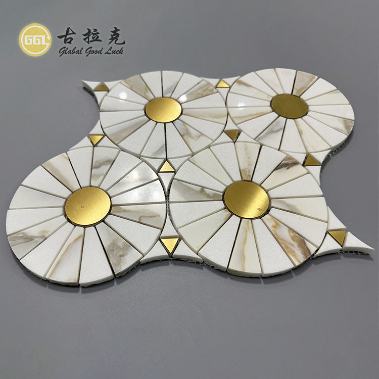 Đá cẩm thạch Calacatta Gold Tròn kết hợp đồng thau Gạch mosaic cắt tia nước 10mm Hoa văn Parquet hiện đại Trang trí tường bếp & biệt thự