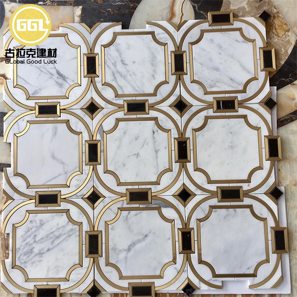 Gạch Mosaic Đá Cẩm Thạch Trắng Calacatta Pha Chỉ Đồng Thiết Kế Hiện Đại