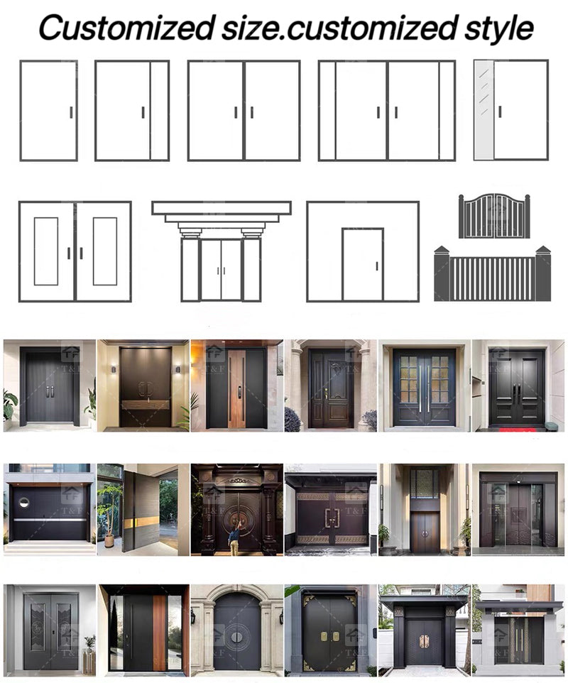 Cửa Chính Hiện Đại Chống Trộm Phong Cách Pháp, Kính Cường Lực Hai Lớp, Hợp Kim Nhôm & Gỗ Màu Đen Dành Cho Biệt Thự
