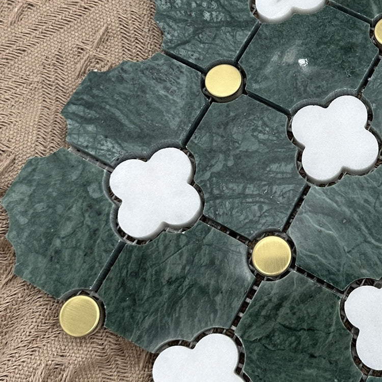 Gạch mosaic tia nước bền bỉ, chạm khắc thủ công từ đá cẩm thạch ngọc bích xanh và vỏ sò pha trộn, dành cho không gian nhà ở và thương mại cao cấp