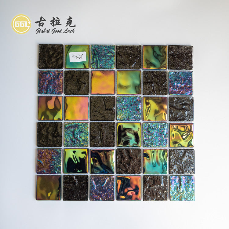 Gạch Mosaic Thủy Tinh Đen & Đa Sắc Rực Rỡ Hoa Văn Vuông Bóng