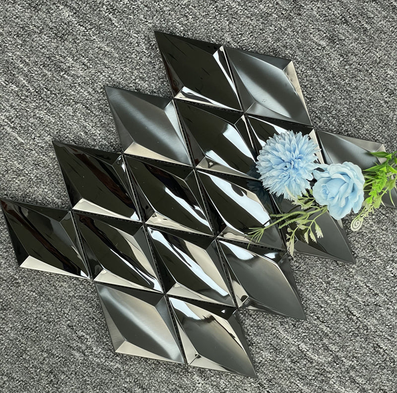 Trang trí tường nền nội thất KTV họa tiết vuông mosaic kim loại lõm kim cương đen hiện đại, tạo kiểu tường phong cách vân gỗ