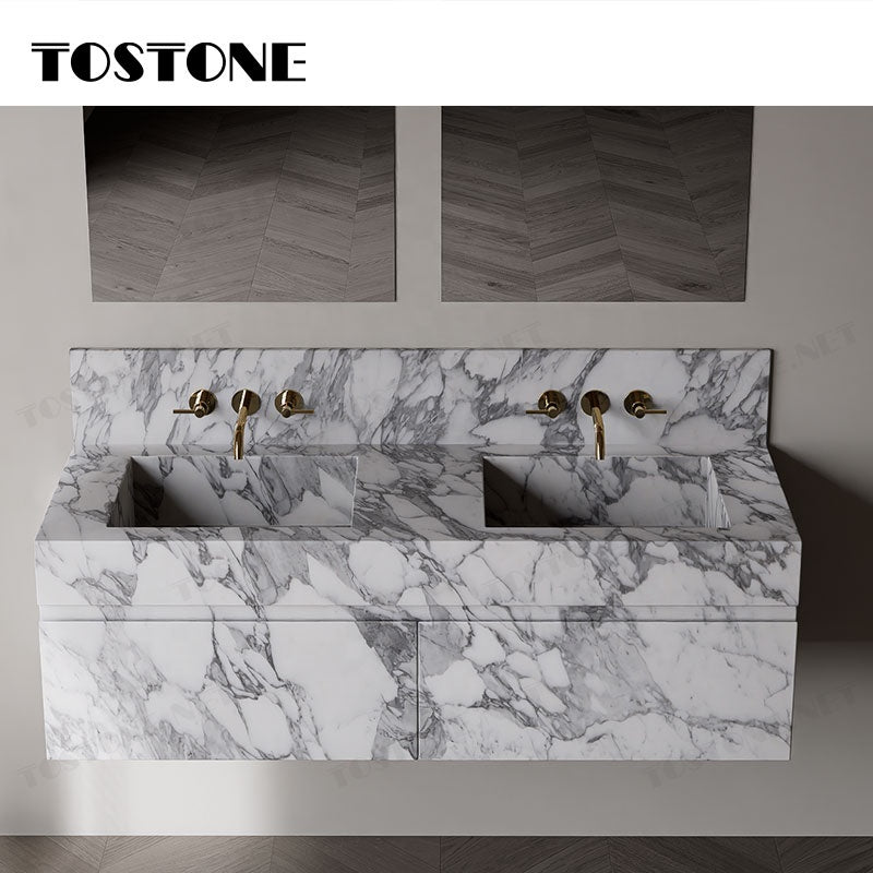 Tostone Mặt bàn trang điểm phòng tắm gắn tường Đá cẩm thạch Arabescato Corchia tự nhiên đẹp cho Phòng vệ sinh nhỏ Đồ nội thất tùy chỉnh