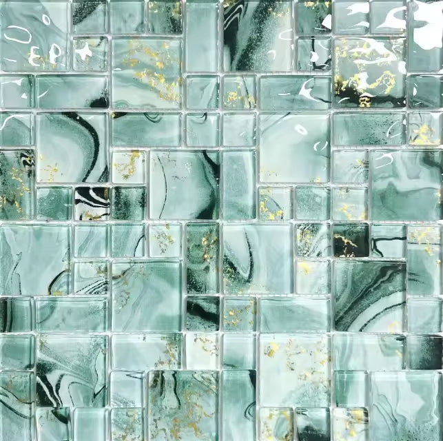Sản phẩm mới bán chạy Gạch mosaic kính dập vàng 300x300mm có đường vân vàng dùng cho bếp khách sạn và căn hộ