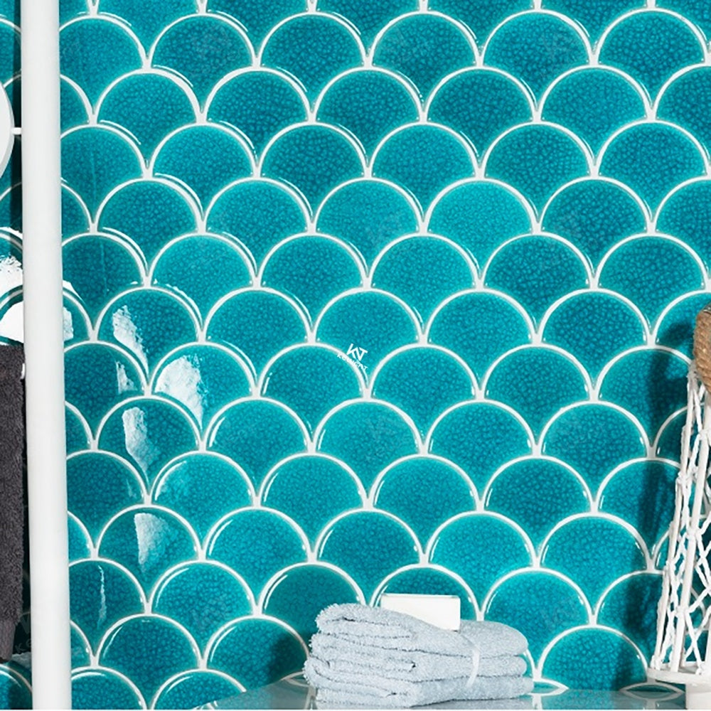 Gạch Mosaic Sứ Vảy Cá Men Rạn Băng Xanh Dương Trang Trí Bồn Tắm Và Nhà Cửa